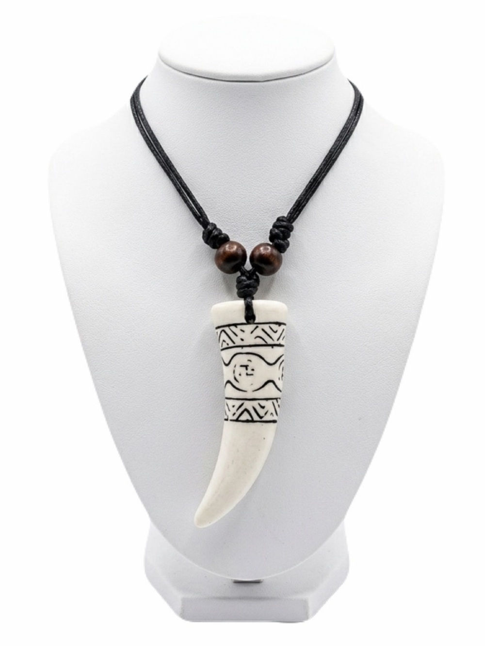 New Unisex White Carved Handmade Horn Wolf Fang Wood Beaded Leather Necklace